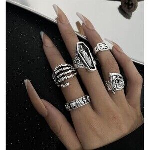 5 Ring SET Casket Coffin Skulls Skeleton Hand Gothic Halloween